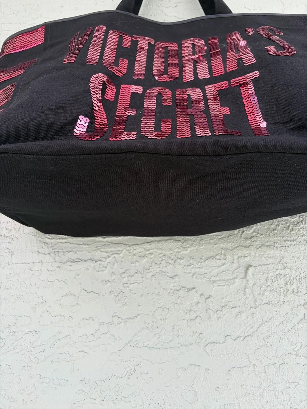 Victoria's Secret Black Tote with Pink Sequin Logo and Stripes